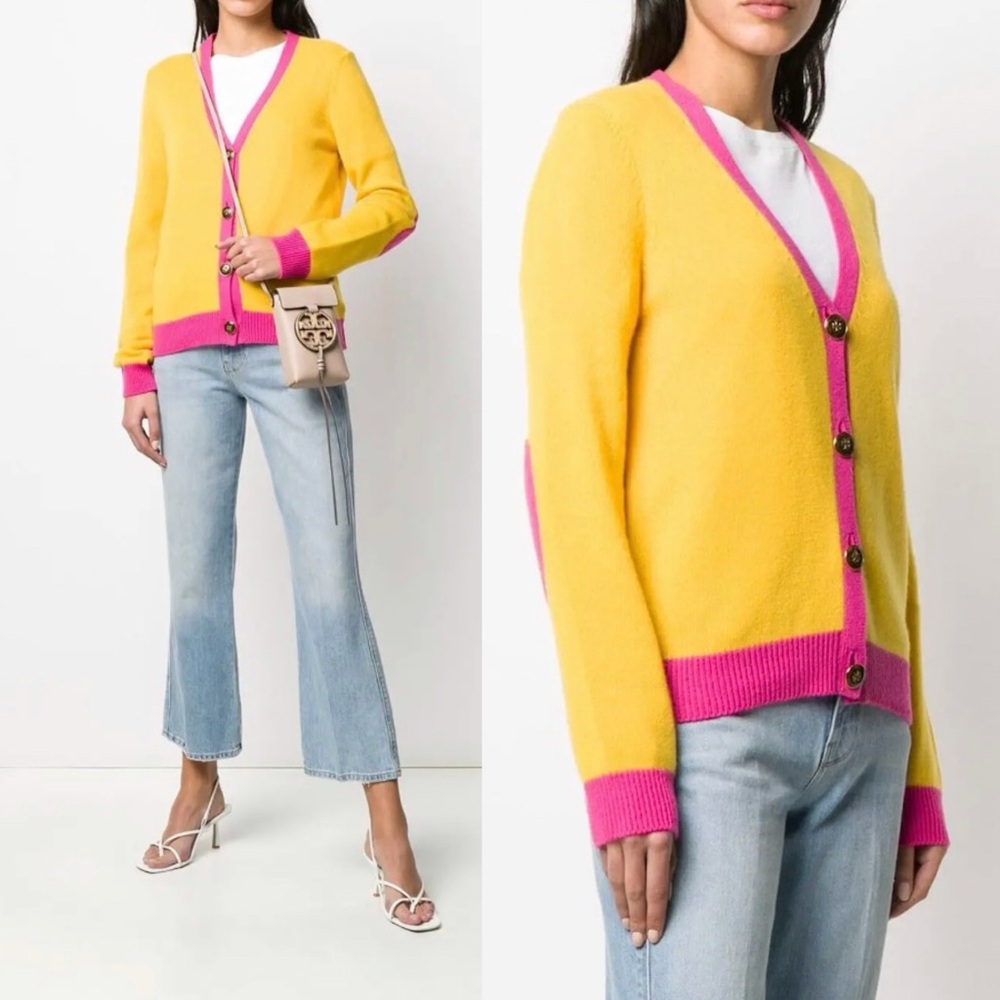 Tory Burch Cashmere Cardigan Sweater Colorblock Button Elbow Patch Yellow Pink